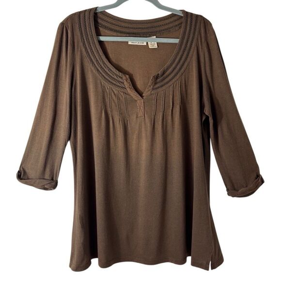 DKNY Jeans XL dark brown scoop notch neck soft 3/4 sleeve long top - Picture 1 of 10